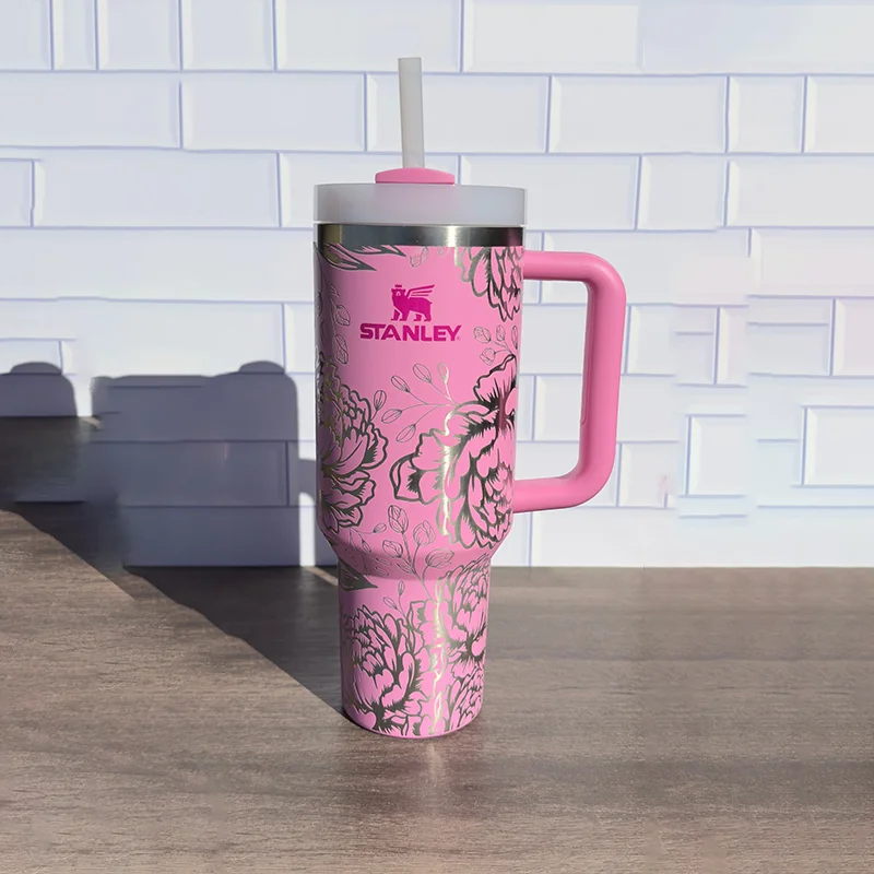 Durable Steel Drinkware 40oz Stanley Quencher Tumbler Peony Flower Desing, Perfect Mother's Day Gift,  Birthday Gift, Gift For Her