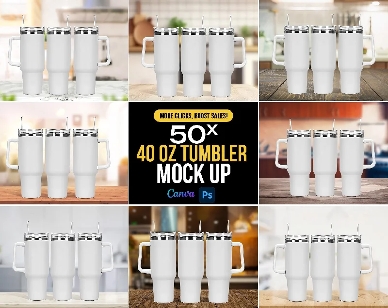 Personalized Drinkware Deals 50x 40z Tumbler Mock Up PNG Transparent File, Photoshop Smart Object - Edit in CANVA, Photoshop, 40oz Tumbler with Handle Mock-Up