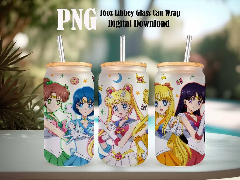 Drinkware Collection Sale Anime Sailor Girls Tumbler Wrap, Libbey 16ozGlass Can Design, Anime Tumbler - Sublimation Design Digital Download - PNG Active