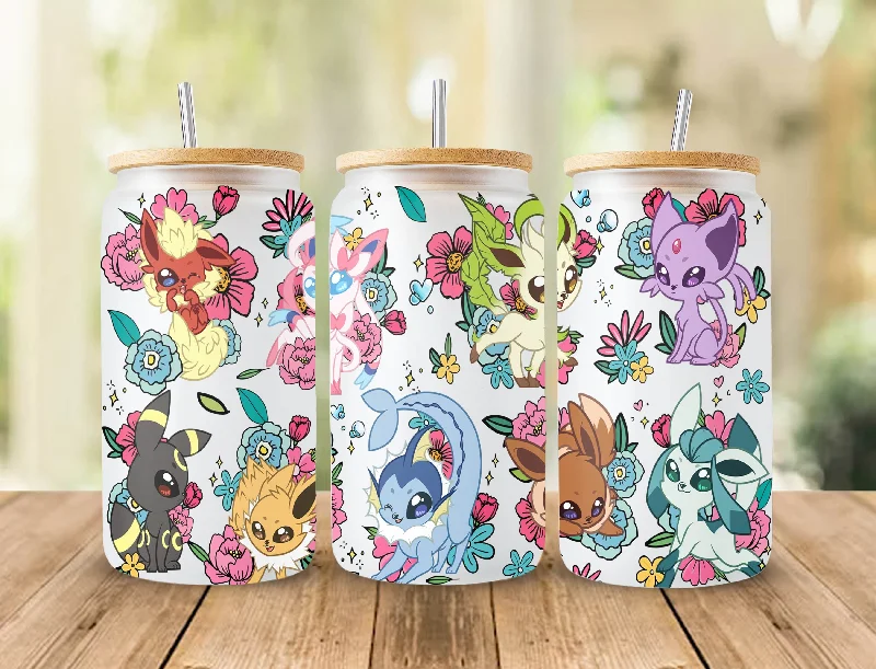 Affordable Drinkware Spring Eevee Tumbler Wrap, Pokemon Can Glass,16oz Can Glass Wrap Cartoon Libbey Can Glass 16oz PNG Digital Download,Spring Flowers Can Glass