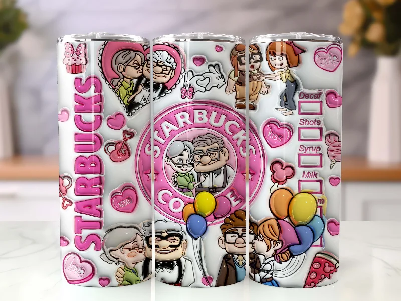 Affordable Drinkware 3D Inflated Carl Ellie Valentine Coffee Tumbler Wrap, 3D Up Movie Valentine Tumbler Png, 20 oz Skinny Love Tumbler Png, Heart Tumbler Png