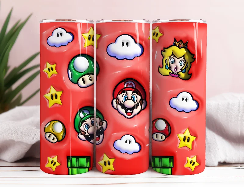 Portable Bottles Sale 3D Inflated Super Cartoon Skinny Tumbler 20oz Design, 3D Funny Movie Sublimation Wraps, Tumbler Wrap Design Png, Digital Download, Mario Png