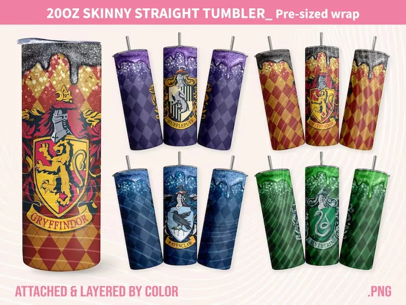 Holiday Drinkware Harry Potter 20oz Tumbler PNG, Hogwarts Alumni, Magic Wand Symbol, Wizardy Houses