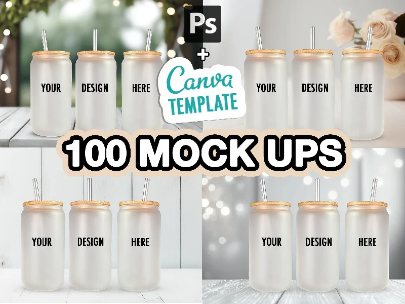Drinkware Collection Sale 100 Frosted 16oz Libbey Glass Can Mock Ups Canva Templates AND PSD - Edit in CANVA, Photoshop, 100 Backgrounds