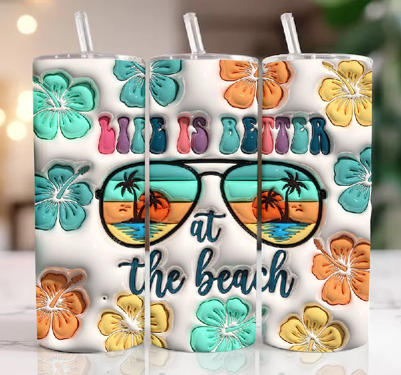 Travel Drinkware 3D Summer Vibes Inflated Tumbler Wrap, 3D Life is better at the beach Tumbler Wrap, 3D Tropical Flowers Puffy 20oz Skinny Sublimation 3D