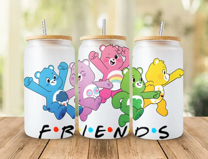 Travel Mugs Sale Bears Cartoons 16oz Wrap, 16oz Libbey Glass Can, Frosted Can Glass, Sublimation Design, Rainbow Design, Cute Bears Wrap,Cute Cartoon Design 2