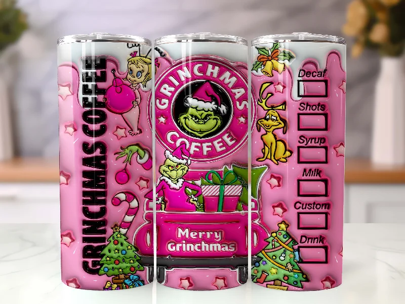Unique Drinkware Inflated Pink Christmas Tumbler Design Png, 3D Christmas Cartoon Tumbler Wrap 20oz Skinny Sublimation, Merry Grinchmas, Merry Christmas Wrap