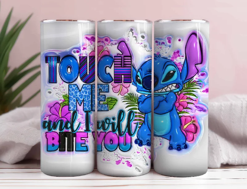 Portable Drinkware Inflated Stitch Tumbler Design Png 3D Stitch Tumbler, Touch Me And I Will Bite you, 20oz Skinny Sublimation,3D Puffy Stitch Sublimation Png