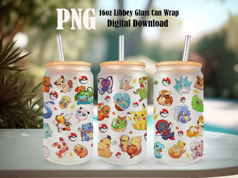 On-The-Go Drinkware Gotta catch ‘em all Can Glass, Poke Glass Can Wrap, Cartoon Libbey Can Glass 16oz PNG Digital Download