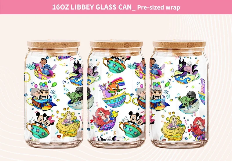 Travel Mugs Offer Mickey And Friends Glass Can Wrap, 16oz Glass Can Wrap, Cartoon  Libbey Can Glass, Floral Glass Can Png, Cartoon Watercolor Tumbler Wrap