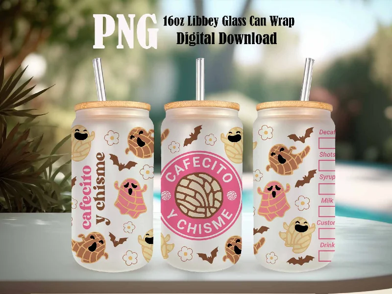 Holiday Drinkware Discount Spooky Conchas 16oz Libbey Glass Can Wrap, Mexican Pan Dulce Ghost PNG, Halloween Pan Dulce Glass Can Conchas Mexicanas