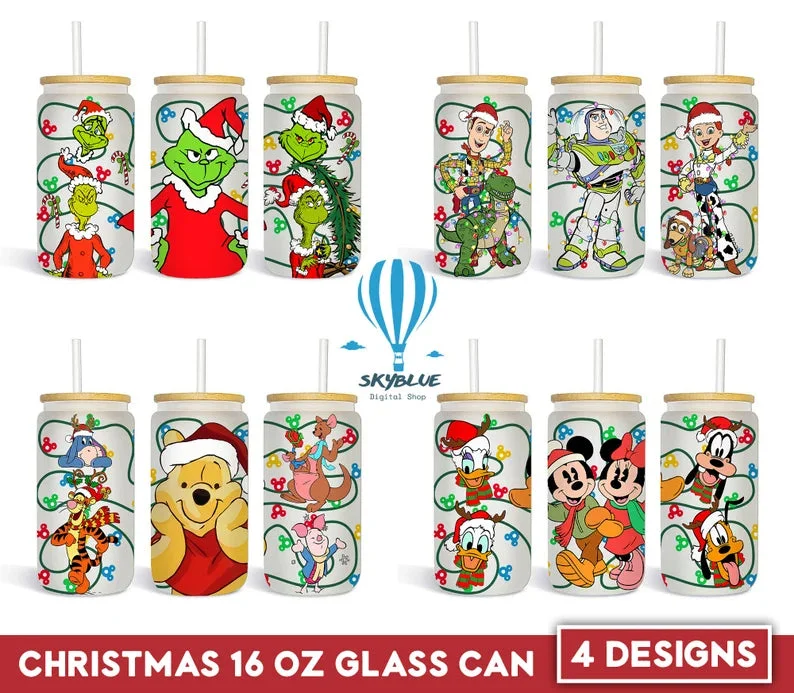 Decorative Drinkware Sale Cartoon Christmas Light 16oz Glass Can Png, 16oz Libbey Can Glass, Christmas Tumbler Wrap, Full Glass Can Wrap, PNG Instant Download