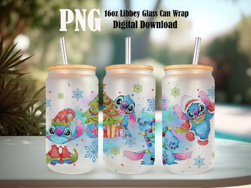 Stainless Drinkware Sale Stitch Watercolor Can Glass Wrap, 16oz Can Glass, Libbey Can Glass, Stitch Christmas Wrap, Cartoon Tumbler Wrap, Png Instant Download