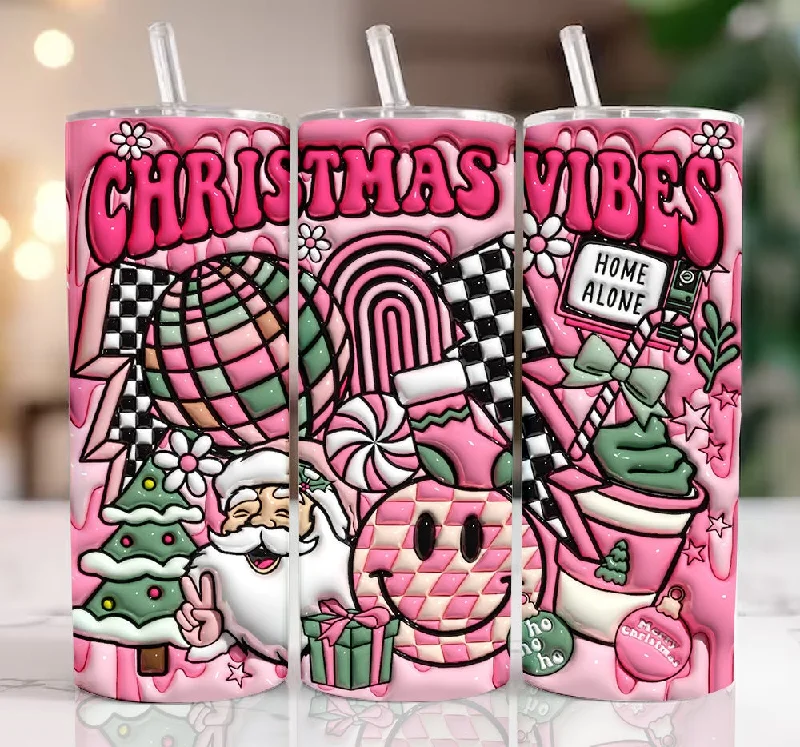 Drinkware Bundle Deal 3D Pink Christmas Vibes Inflated Tumbler Wrap, 3D Puff Santa Claus 20oz Digital Tumbler Wrap, Merry Christmas Puffy , Milk Cookie For Santa