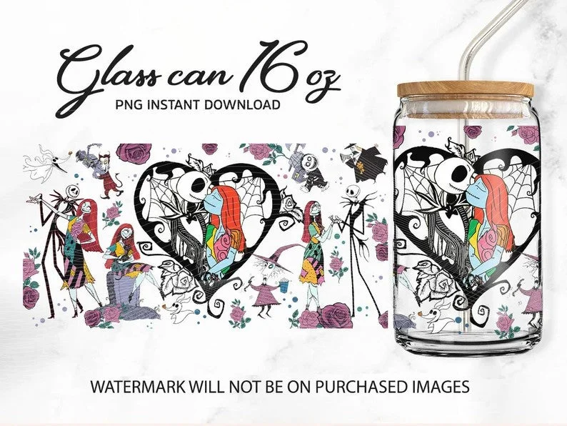 Environmentally Friendly Mugs Scary Movie Nightmare Tumbler Wrap, Glass Can 16oz, Full Tumbler Wrap, Sublimation Design Digital Download, Jack And Sally Cup, Boo Bash