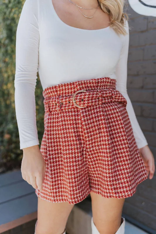 Graceful Drape Around The World Tweed Shorts In Rust