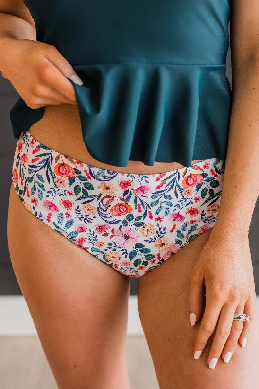 Elegant Style Bask In The Sun Floral Swim Bottoms- Ivory & Teal