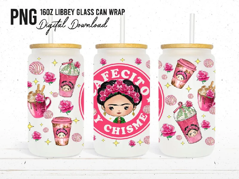 Eco-Friendly Drinkware Mexican girl with coffee and concha pan 16oz Glas Can png, floral tumbler png, Mexican png, sublimate designs download