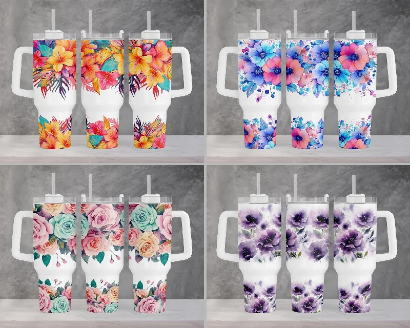 Glassware Promotion Bright Colors Boho Floral 40oz Quencher Tumbler Wrap, Floral Seamless PNG Tumbler Design Sublimation Designs Downloads, Roses Tumbler PNG