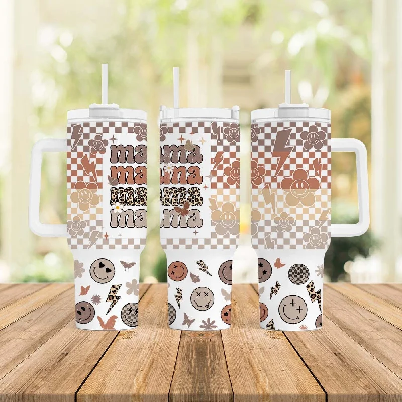Personalized Cups Discount MAMA 40oz Quencher Tumbler Wrap Retro Groovy Smiley Checkered Png Funny Mom Seamless Sublimation Tumbler, Mothers Day Gift, Mom Tumbler