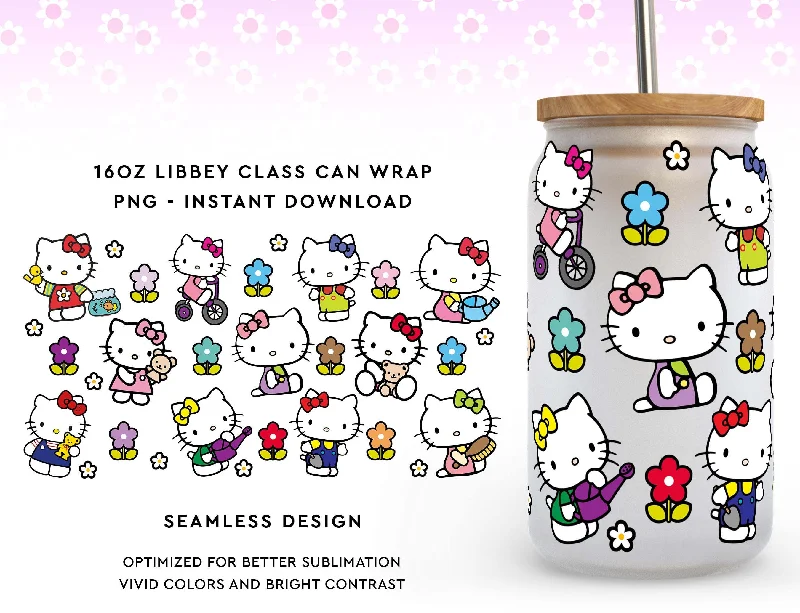 Drinking Glasses Sale Hello Bows Flowers Kitty 16oz Glass Can Wrap, 16oz Libbey Can Glass, Cute Kitty Full Glass Can Wrap, Hello Bows Flowers Kitty Glass Can wrap