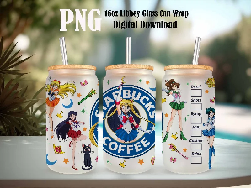 Affordable Drinkware Anime Sailor Girls Tumbler Wrap, Libbey 16ozGlass Can Design, Anime Tumbler - Sublimation Design Digital Download - PNG Active