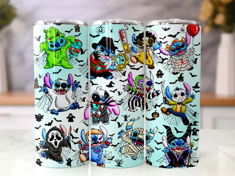 Personalized Cups Discount Halloween Costume Stitch 3D Inflated PNG 20oz Tumbler Wrap, Stitch Halloween Trick Or Treat Spooky Vibes, Stitch Horror friends Tumbler Wrap