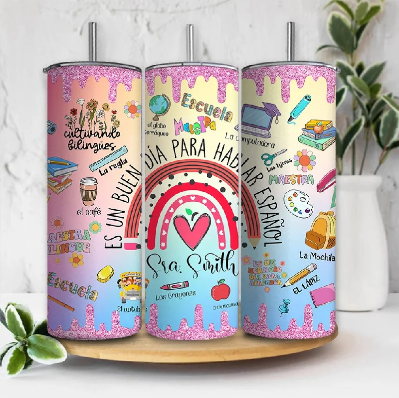 Stainless Steel Mugs Custom Spanish Teacher 20oz Tumbler Wrap, Maestra Glitter tumbler Design, Teacher Appreciation Gift, 20oz Skinny Sublimation Design, Maestra