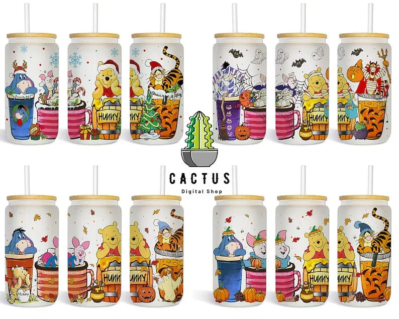 Discount Tumblers Winnie The Pooh Halloween Designs 16oz Libbey Glass Can Tumbler, Hallothankmas Pooh Design Glass Can png,16oz Libbey Wrap PNG, Halloween Png