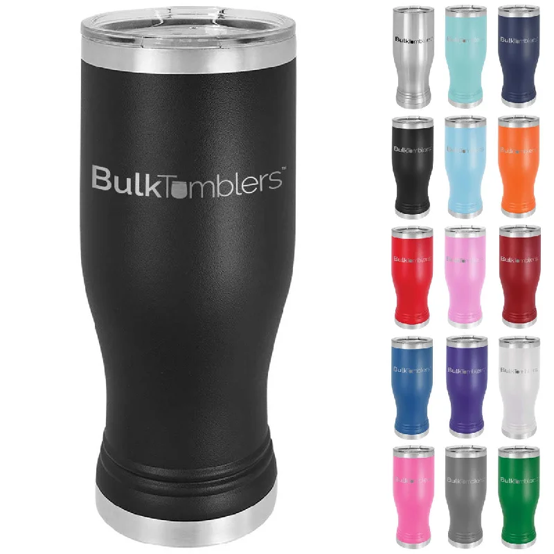Stainless Drinkware Sale 20 oz Promo Personalized Beer Pilsner Glass Tumbler w Logo Laser Engraved on Insulated Stainless Steel + Lid