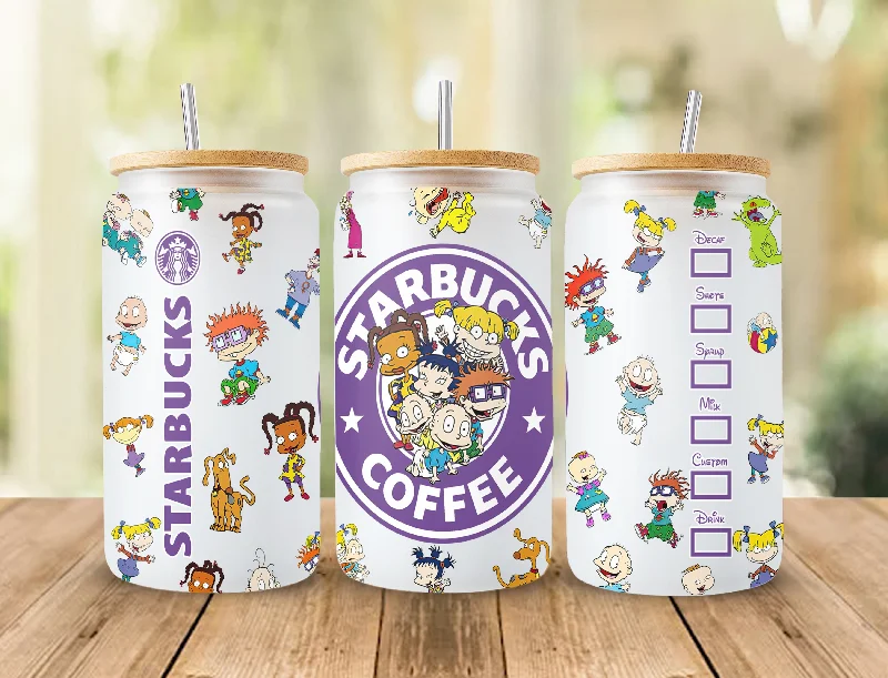 Drinkware Promotions 90s Cartoon 16oz Glass Can Wrap, 16oz Libbey Can Glass, 90s Starbucks Tumbler Wrap, Full Glass Can Wrap, Cartoon Glass Cup