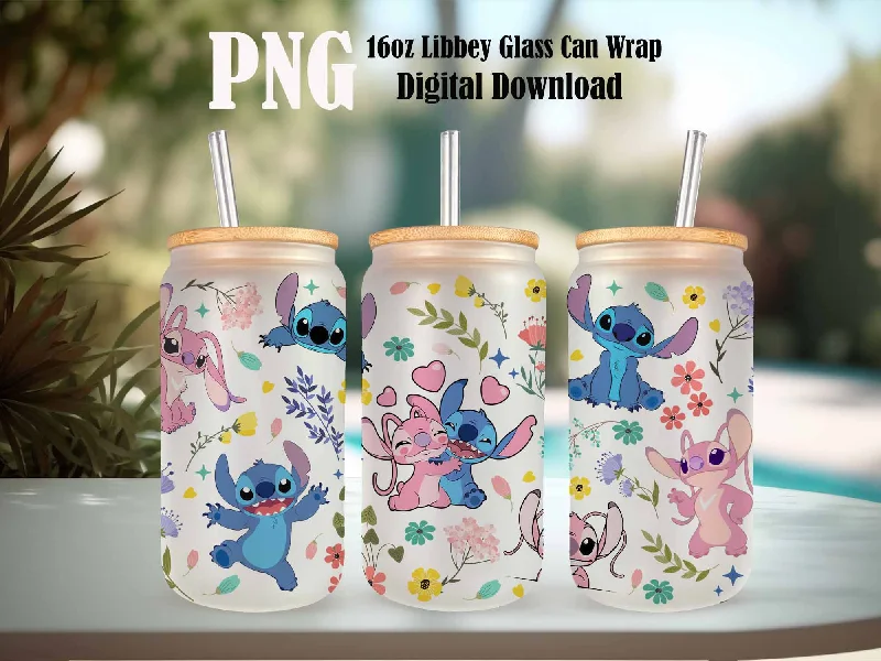 Limited-Time Drinkware Deals Stitch Spring Day Can Glass, 16oz Glass Can Wrap, 16oz Libbey Can Glass, Flower Tumbler Wrap, Full Glass Can Wrap, Cartoon Tumbler, Flowers