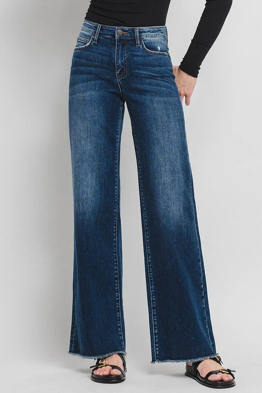 Flash Sales Flying Monkey High Rise Wide Leg Distressed Hem Jeans