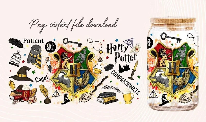 Travel Bottles Offer Harry Potter 16oz Glass Can PNG, Hogwarts Alumni, Magic Wand Symbol, Wizardy Houses