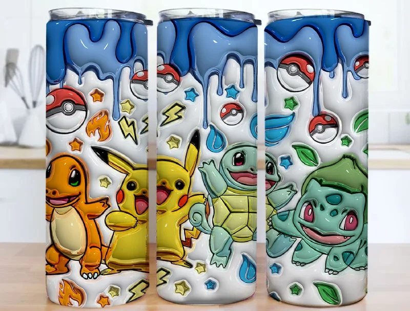 Drinkware Set Sale Inflated 3D Cartoon Pokemon Tumbler PNG, Anime Cartoon Sublimation, 3D Digital Game Tumbler, 3D Kids Movie 20oz Tumbler Wrap