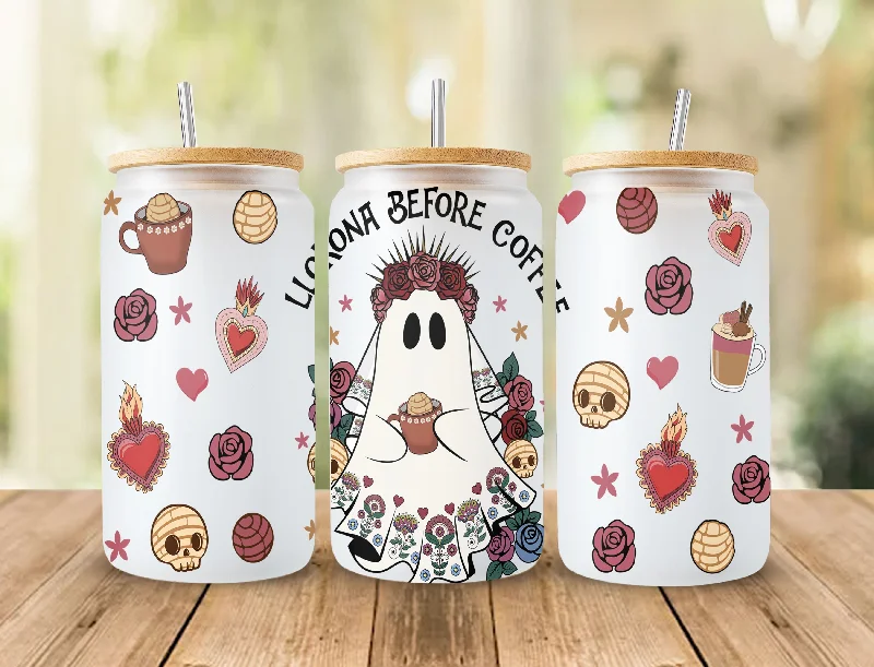 Holiday Drinkware Discount Llorona Before Coffee 16 oz Libbey Glass Can Wrap  Ghost Llorrona png  Mexican Concha digital download