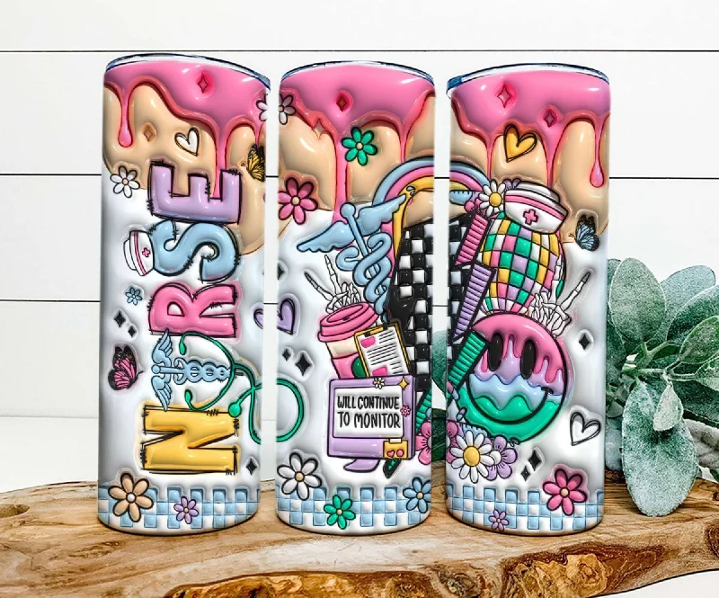 Drinkware Collection Promotion 3D Nurse Life Inflated Tumbler Wrap, Leopard Nurse 20oz Skinny Tumbler Sublimation Designs, Nurse Life Puffy Tumbler, Gift For Nurse