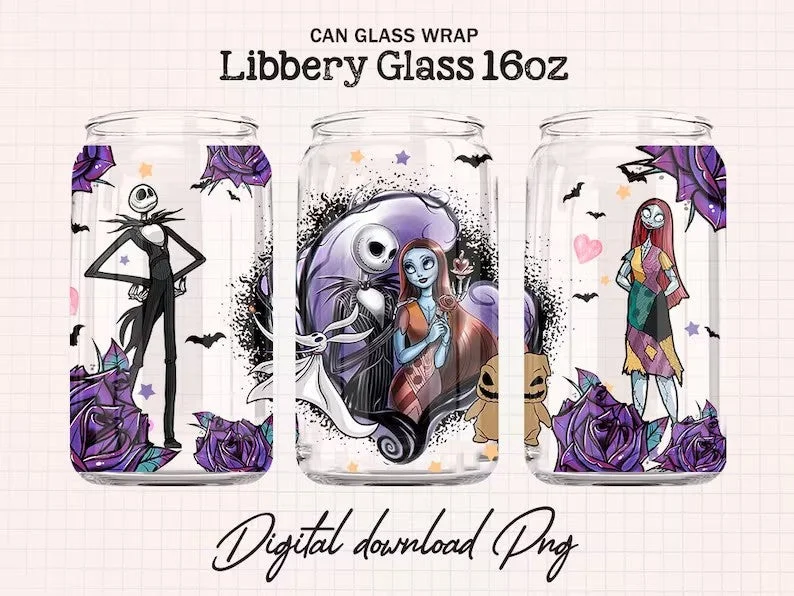Christmas Drinkware Sale Scary Movie Nightmare Tumbler Wrap,16oz Can Glass, Jack And Sally Full Tumbler Wrap, Sublimation Design,Boo bash, Jack Skellington Can Glass