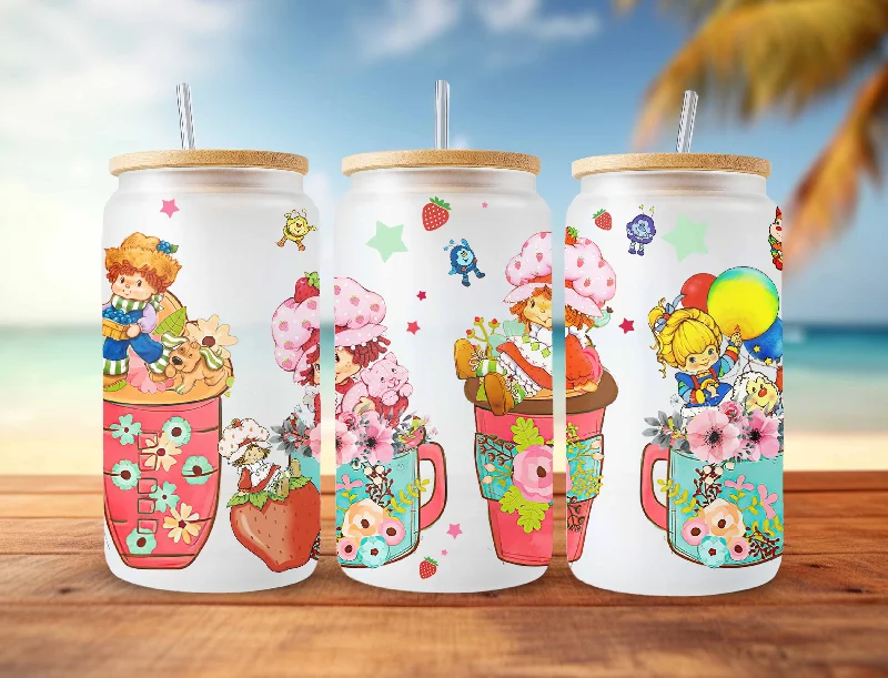 Drinkware Clearance Cartoon 80s Glass Can, 80s cartoons png, rainbow girl floral Libbey Glass Can 16oz, rainbow brite Glass Can Png, Retro 80s cartoons wrap