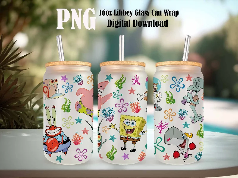 Drinkware Sale Event Cartoon Glass Can 16oz, Square Pants PNG, Cartoon Coffee Libbey 16oz, Under the Sea Cartoon Tumbler Wrap