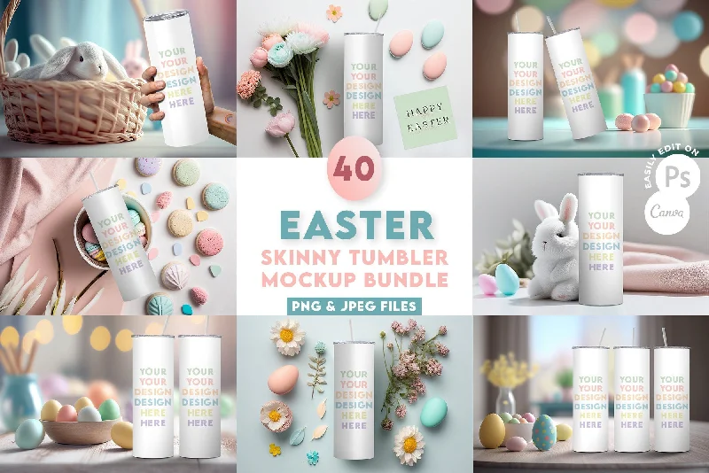 Premium Glassware 40 x Easter Theme Skinny Tumbler Mockup Mega Bundle - 20oz Skinny Tumbler Mockup - Tumbler Mock Edit on Canva or PS - Transparent Background