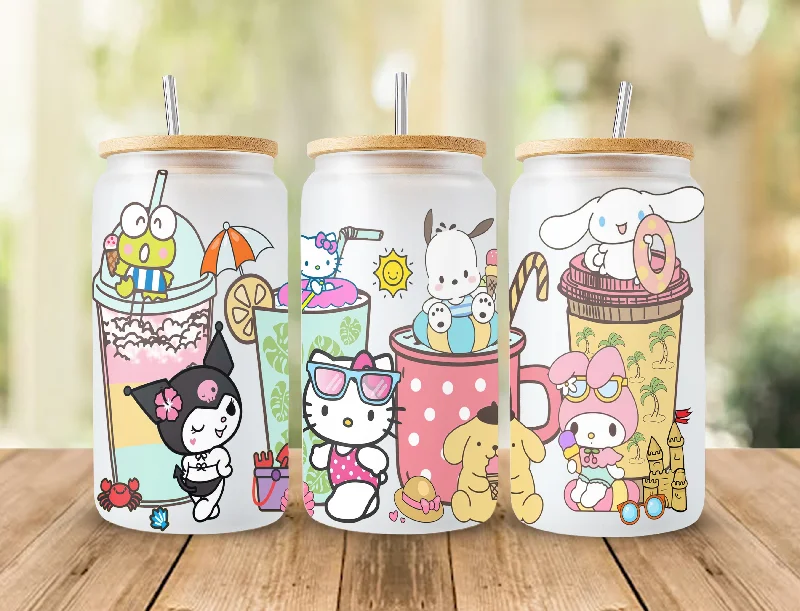 Sustainable Drinkware Kitty and Friends Pink Cat PNG, 16oz Glass Can Wrap, 16oz Libbey Can Glass, Cartoon Tumbler, Kawaii Tumbler Wrap, Kitty Can Glass png
