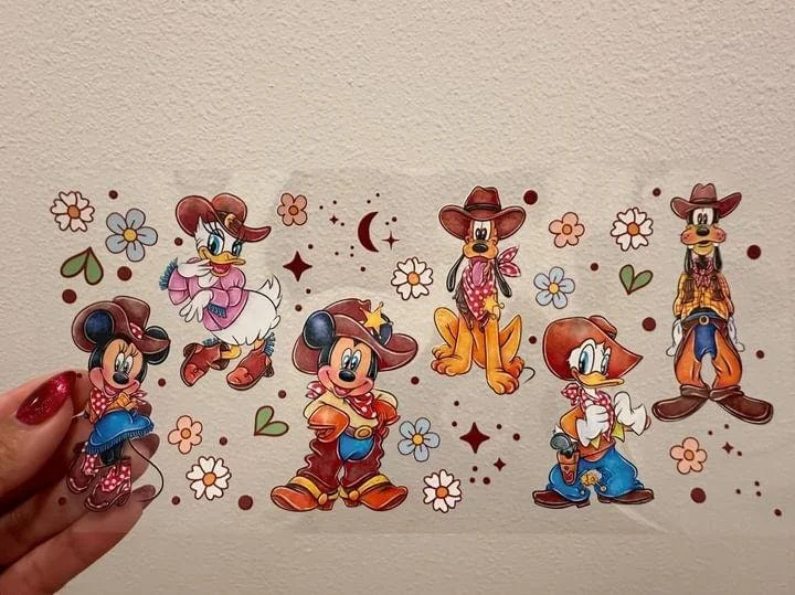Stylish Drinkware Collection Disney Mick E Mouse Western UV DTF Wrap Transfer 16oz | No Heat Needed | Waterproof | Permanent Adhesive