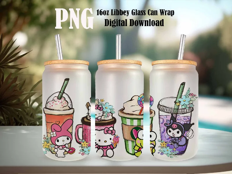 Environmentally Friendly Mugs Kitty and Friends Pink Cat PNG, 16oz Glass Can Wrap, 16oz Libbey Can Glass, Easter Tumbler Wrap, Full Glass Can Wrap, Cartoon Tumbler
