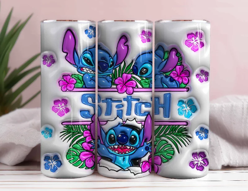 Durable Steel Drinkware Inflated Stitch Tumbler Design PNG, 3D Stitch Tumbler Wraps 20oz Skinny Sublimation Digital Downloads 3D Puffy Stitch Design Sublimation