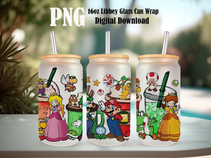 Drinkware Deals Cartoon Mario Coffee, 16oz Libbey Glass Can, Game Tumbler, Game Lovers, Cartoon Tumbler Wrap, Can Glass Wrap, Png Instant Download