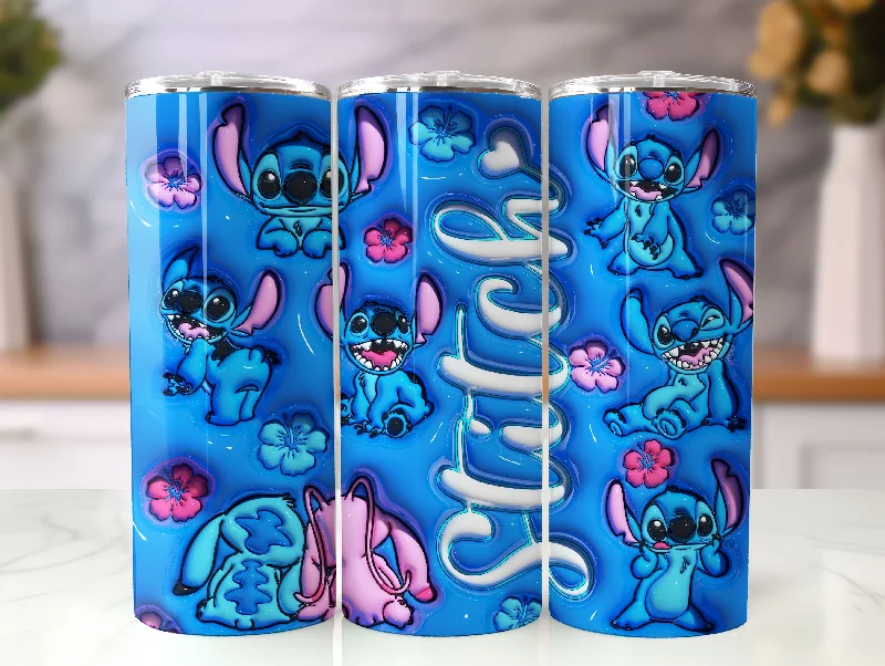 Eco-Friendly Drinkware 3D Inflated Stitch 20oz Tumbler Wrap, Cartoon Design Tumbler, 3D Puffy Stitch Tumbler Wrap
