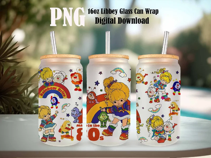 Insulated Bottles Promotion Cartoon 80s Can Glass, 80s cartoons png, rainbow girl Libbey Glass Can 16oz, rainbow Glass Can Png, Retro 80s cartoons Tumbler Wrap