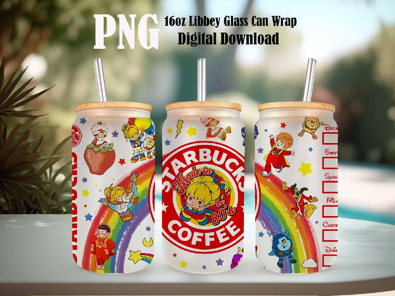 Unique Drinkware Gifts Cartoon 80s Glass Can, 80s cartoons png, rainbow girl Libbey Glass Can 16oz, rainbow brite Glass Can Png, Retro 80s cartoons Tumbler Wrap