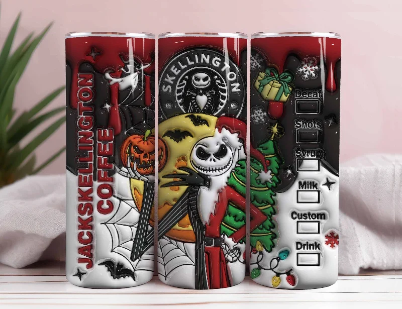 Unique Drinkware 3D Inflated Jack Skellington Tumbler Wrap, Halloween Tumbler PNG, 20oz Skinny Tumbler, Nightmare Befere Christmas, Halloween Png,
